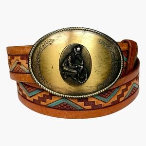 Vintage Chambers Leather Western Belt Tan Tooled Painted Brass Cowboy Buckle